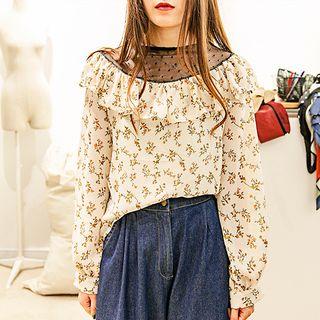 Mesh Panel Print Long-sleeve Chiffon Top