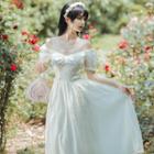 Short-sleeve Off-shoulder Beaded Midi A-line Dress