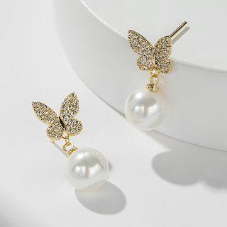 Rhinestone Butterfly Faux Pearl Dangle Earring Gold - One Size