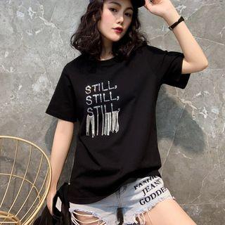 Short-sleeve Letter Rhinestone Fringe T-shirt