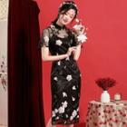 Short-sleeve Floral Embroidered Mesh Midi Qipao