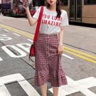 Set: Short-sleeve Lettering T-shirt + Gingham Mermaid Midi Skirt