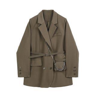 Double Breasted Plain Blazer With Metal Chain And Waist Belt
