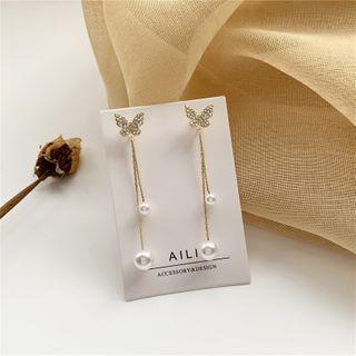 Rhinestone Butterfly Faux Pearl Fringed Earring 1 Pair - Ear Studs - One Size