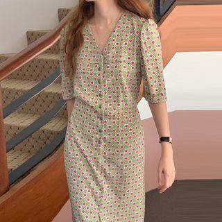 Short-sleeve Flower Print Midi Sheath Dress Pink & Green - One Size