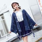 Sailor Collar Blouse / Pleated A-line Skirt/ Printed Open Front Jacket / Set