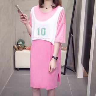 Short-sleeve Lettering Mock Two-piece T-shirt Dress