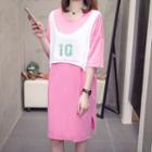 Short-sleeve Lettering Mock Two-piece T-shirt Dress