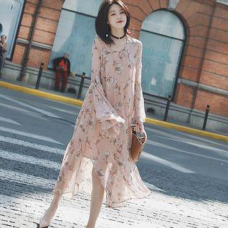 Set: Floral Print Long Sleeve V-neck Chiffon Dress + Slipdress