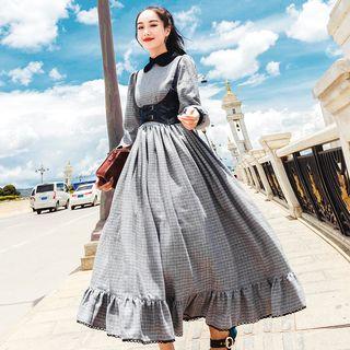 Long-sleeve Contrast-trim Gingham Maxi A-line Dress / Strapped Corset / Set
