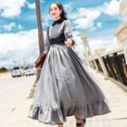 Long-sleeve Contrast-trim Gingham Maxi A-line Dress / Strapped Corset / Set