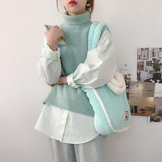 Contrast Trim Fleece Tote Bag Mint Blue - One Size
