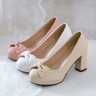 Bow Faux Leather Platform Chunky Heel Pumps
