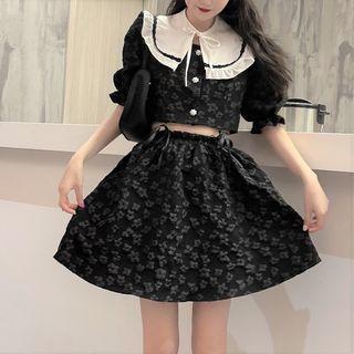 Puff-sleeve Two-tone Cropped Blouse / Mini A-line Skirt