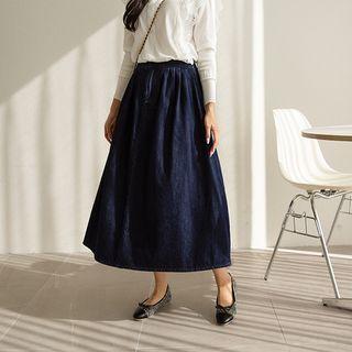 Band-waist Long A-line Denim Skirt Dark Blue - One Size