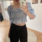 Puff-sleeve Square-neck Crop Top Blue - One Size