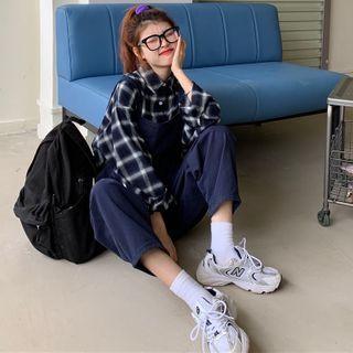 Plaid Long-sleeve Shirt / Denim Jumper Pants