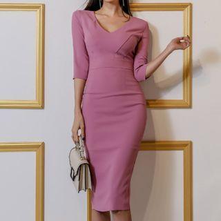 Elbow-sleeve V-neck Midi Bodycon Dress