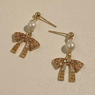 Faux Pearl Bow Rhinestone Alloy Dangle Earring 1 Pair - A589 - Gold - One Size
