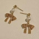 Faux Pearl Bow Rhinestone Alloy Dangle Earring 1 Pair - A589 - Gold - One Size