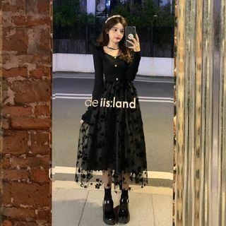 Long-sleeve Floral Mesh Overlay Knit Midi A-line Dress Black - One Size