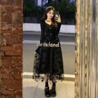 Long-sleeve Floral Mesh Overlay Knit Midi A-line Dress Black - One Size