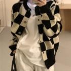 Round Neck Checkerboard Cardigan Check - Black & Almond - One Size