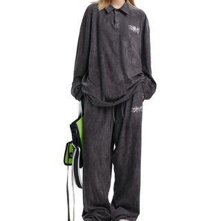 Long-sleeve Lettering Polo Shirt / Wide Leg Pants