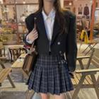 Double-breasted Cropped Blazer / Plaid Buckled A-line Skirt