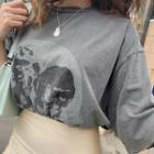Elbow-sleeve Printed T-shirt / Long-sleeve Sheer Top