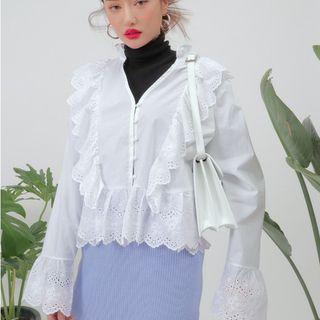 Eyelet Lace Ruffle V-neck Blouse Milky White - One Size