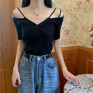 Short-sleeve Cold-shoulder Ribbed Knit Top