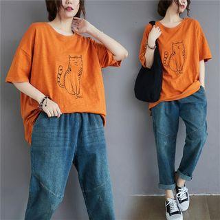 Short-sleeve Cat Print T-shirt Tangerine - One Size