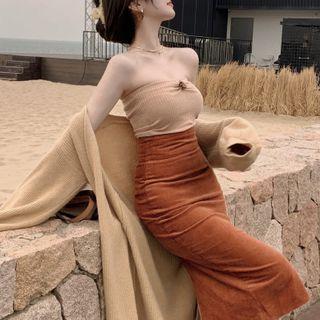 Tube Top / Long Open-front Cardigan / Midi Pencil Skirt