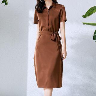 Collared Short-sleeve Tie-waist Midi Sheath Dress