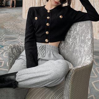 Set: Long-sleeve Buttoned Knit Crop Top + Fitted Mini Skirt