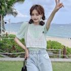 Set : Short Sleeve Round-neck Blouse / Jacquard Lace Top