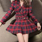 Set: Plaid Long-sleeve Slim-fit Top + Skirt