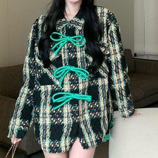 Bow-accent Plaid Coat Black - One Size