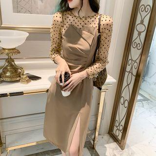Long-sleeve Dotted Mesh Panel Slit Sheath Dress