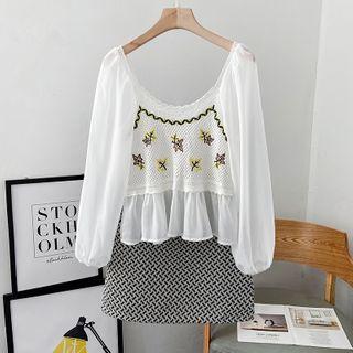 Puff-sleeve Knit Panel Top / Patterned Mini Skirt