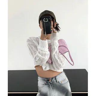 Cropped Sheer Cable-knit Top