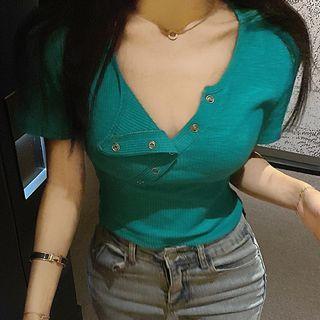 Short-sleeve Diagonal Button Plain Knit Top