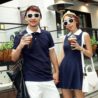 Couple Matching Contrast Color Short Sleeve Polo Shirt / Sleeveless Dress