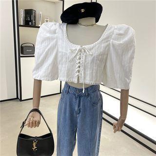 Puff-sleeve Square-neck Cut-out Cropped Top