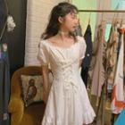 Lace Up Puff-sleeve Slim-fit Dress White - One Size