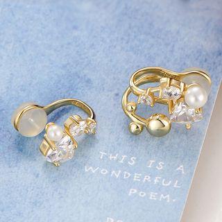 925 Sterling Silver Rhinestone Faux Pearl Cuff Earring 1 Pair - Gold - One Size
