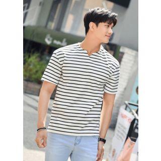 Slit-neckline Striped T-shirt