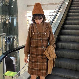Set: Plain Turtleneck Pullover + Check Jumper Dress Coffee - One Size