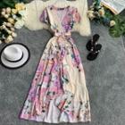 Short-sleeve Floral A-line Maxi Dress Pink - One Size
